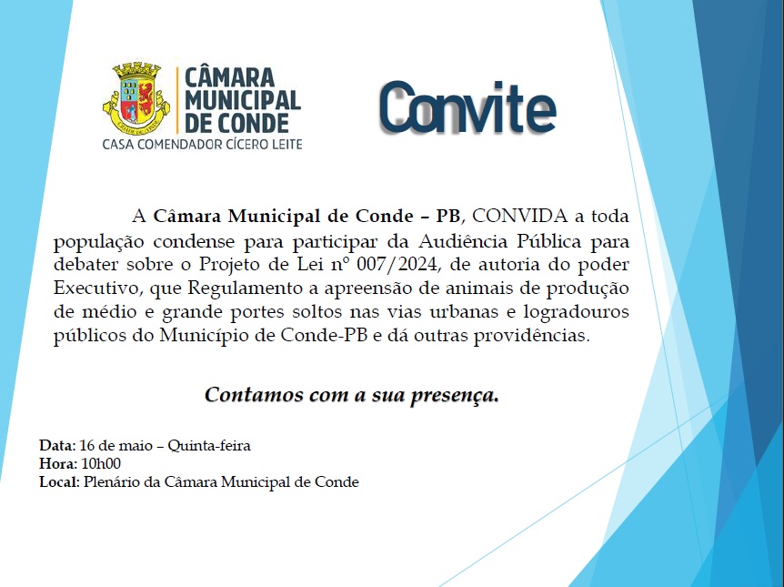 Câmara Municipal de Conde convida população condense para participar de Audiência Pública